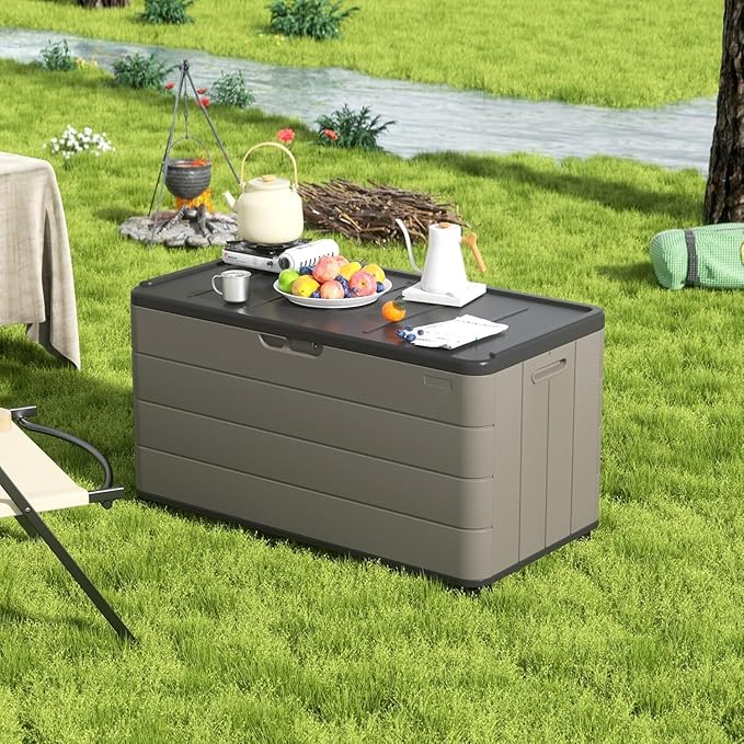 100GAL Brown Wicker-Textured Deck Box with Wheels – Lockable, Waterproof, UV-Resistant, Spacious Storage for Patio & Garden Supplies, Easy Handling-VerdiqueGarden