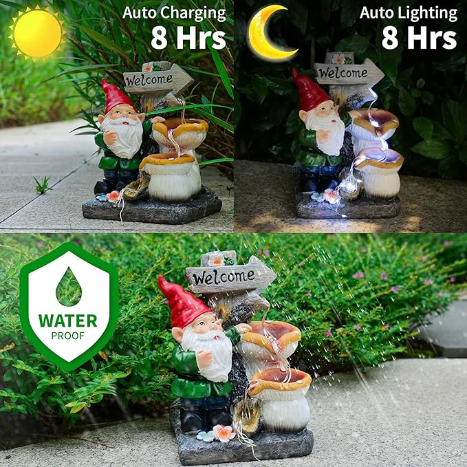 mopha Garden Gnomes Statues Outdoor Decor with Flowing Water Solar Lights Resin Figurines Outside Decoration for Patio Yard Lawn Porch Ornaments Clearance Gardening Gift-VerdiqueGarden