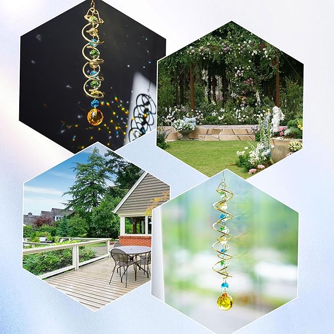 H&D HYALINE & DORA Glass Gazing Ball Spiral Tail Decorative Sun Catcher,17.7in Rainbow Maker Double-Spiral W/Yellow Crystal Ball Prism Sun Catcher for Indoor Outdoor Garden Decoration-VerdiqueGarden
