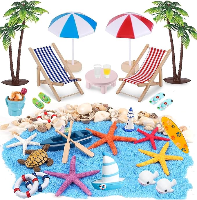 31 Pcs Beach Microlandscape Miniature Dollhouse Decoration, Maritime Decoration with Mini Beach Umbrella Mini Chair Miniature Coconut Tree Beach Decor for DIY Garden Plant Pool-VerdiqueGarden