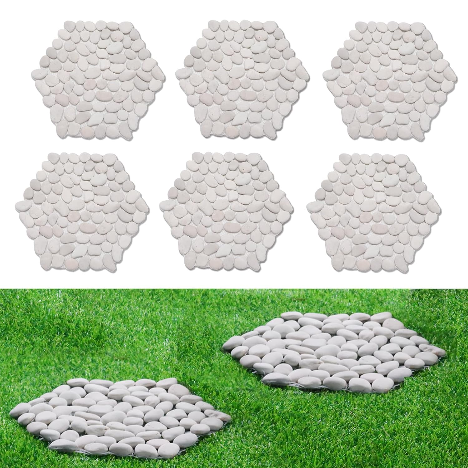 12 inch River Rock Stepping Stone - Pavers for Outdoor Garden Walkway, Landscaping - Polished Pebble Step Stones for Patio Yard Lawn Pathway, Set of 6 (Hexagon,White)-VerdiqueGarden