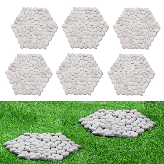 12 inch River Rock Stepping Stone - Pavers for Outdoor Garden Walkway, Landscaping - Polished Pebble Step Stones for Patio Yard Lawn Pathway, Set of 6 (Hexagon,White)-VerdiqueGarden