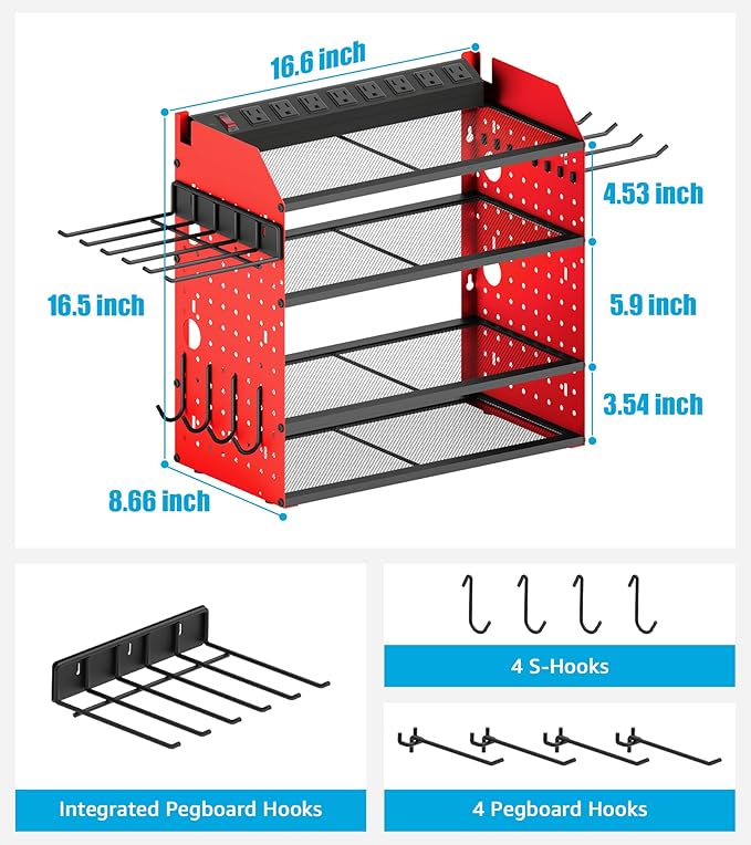 CCCEI Modular Desk Power Tools Organizer with Charging Station, 4 Layer Drills Battery Storage Wall Mount, Garage Shop Organization, Anniversary, Birthday, Gifts for Men, Father, Red, 10FT Cord.-VerdiqueGarden