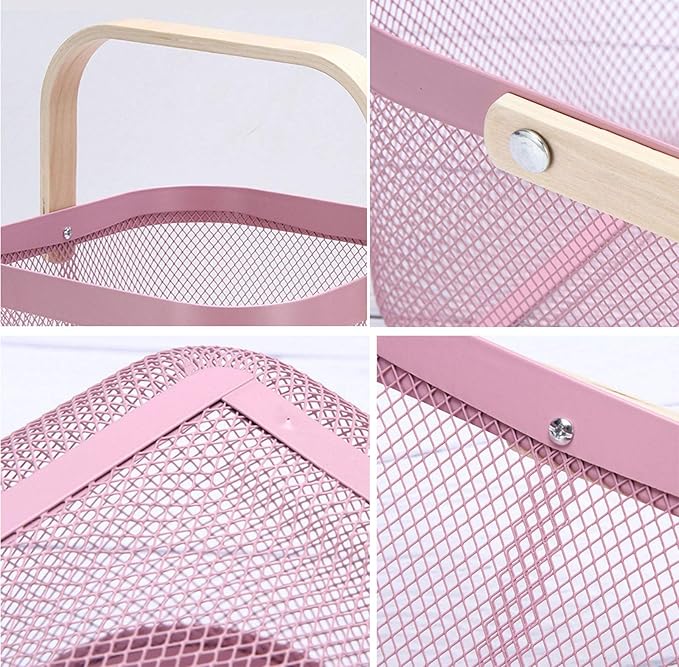 Metal Mesh Steel Basket, Storage Organizer Basket Multi-functional Hanging Kitchen Baskets Fruit Basket Bin with Bamboo Handle for Kitchen Bathroom Picnic Shopping Decor Cabinet Home, Pink-VerdiqueGarden