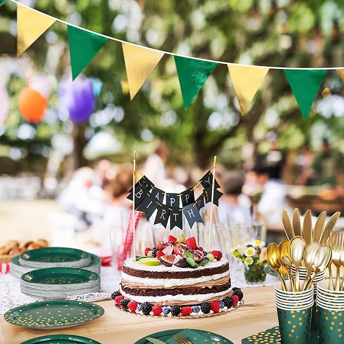 Green Gold Party Decorations Metallic Fabric Triangle Pennant Banner Flag Bunting Garland for Graduations Birthday Retirement Wedding Baby Shower Spring Summer Master Golf Theme Outdoor Party Supplies-VerdiqueGarden