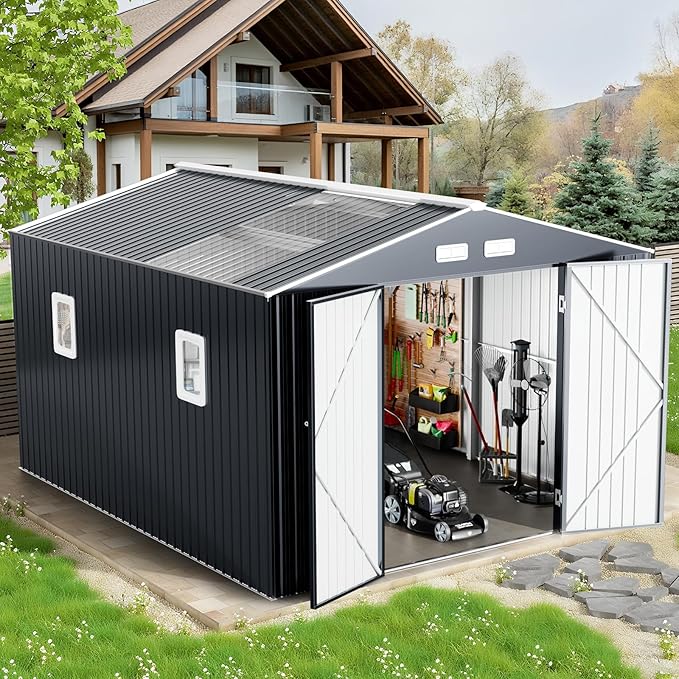 12x10 FT Metal Sheds & Outdoor Storage: Heavy Duty Garden Sheds with Dual Transparent Panels, DIY-installable Windows & Lockable Doors, Weatherproof Tool Shed for Backyard, Garden, Patio, Grey-VerdiqueGarden