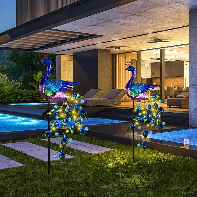 DREAMSOUL Peacock Solar Garden Lights Outdoor Decorative Stake, Waterproof Metal Peacock Garden Decor Solar Powered Landscape LED Path Lights Walkway Patio Decoration Lawn Ornament Christmas Gifts-VerdiqueGarden