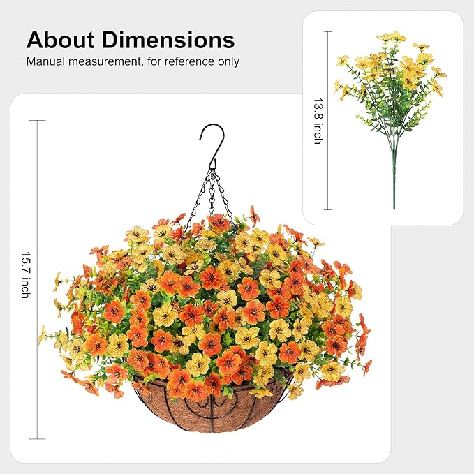 Artificial Fake Hanging Mums Plants Flowers Basket for Fall Autumn Outdoor Decor, Faux Silk Orange Dasiy Flower Look Real UV Resistant for Outside Porch Home Patio Garden Decoration-VerdiqueGarden