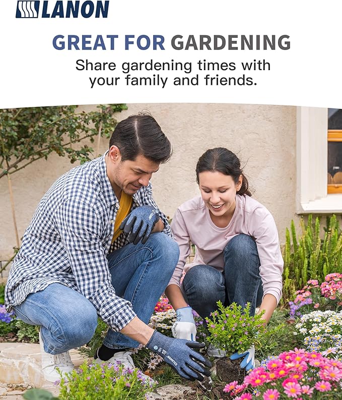 LANON Gardening Gloves for Men Women, 2 Pairs Nitrile Coated Garden Gloves with Grip, Breathable B.COMB AIR Technique, Dusty Olive & Bluebird, Large-VerdiqueGarden