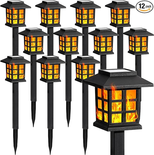 GIGALUMI Solar Lights for Outside,12 Pack Flickering Flame LED Solar Outdoor Lights, Waterproof Solar Garden Lights Maintain 10 Hours of Lighting for Christmas, Garden, Landscape, Path, Yard, Patio-VerdiqueGarden