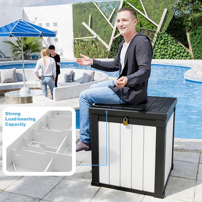 50-Gallon Outdoor Deck Box,Storage Lockable Waterproof Patio Furniture,Garden Tools,Cushions,Pool Accessories Outside Storage Resin Box(Black and White)-VerdiqueGarden