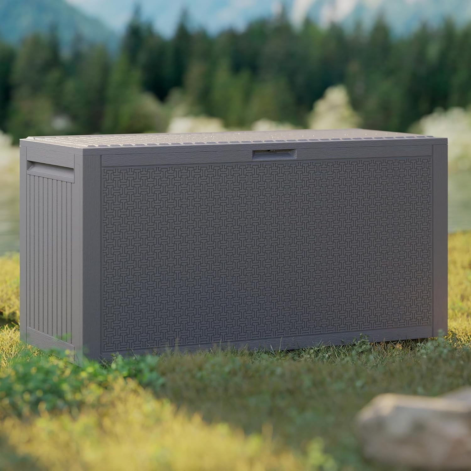 90 Gallon Outdoor Storage Box, Lockable Package Outside Storage Box Waterproof, Patio Cushions Deck Storage Boxes, Rattan Plastic Garden Hose Containers Resin Pool Storage Bins with lids, Grey-VerdiqueGarden