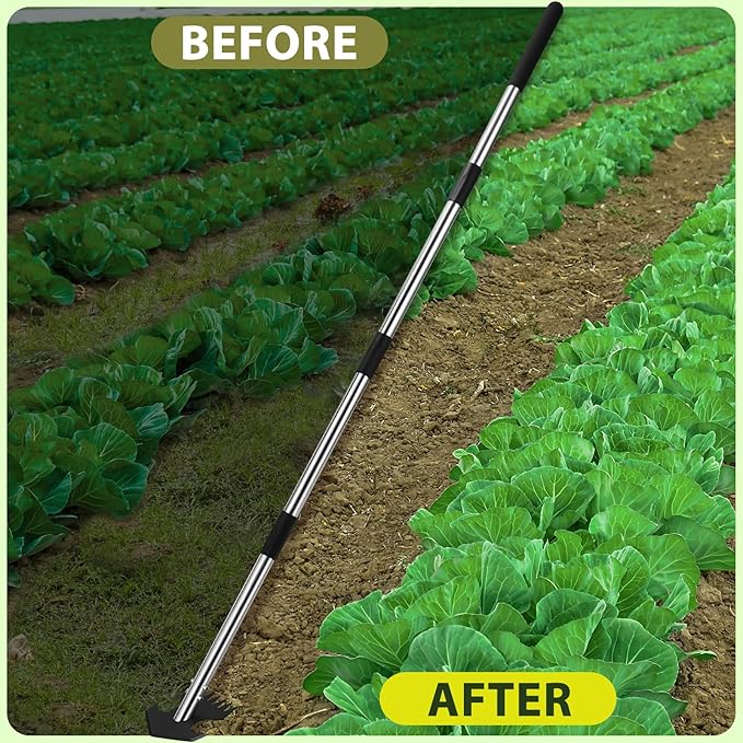 Hoe Garden Tool, Scuffle Garden Hoe for Weeding with 30-60 Inch Steel Long Handle, Dual Use Sharp Gardening Hula Hoe, Adjustable Rocket Shaped Weed Remover Action Hoe-VerdiqueGarden