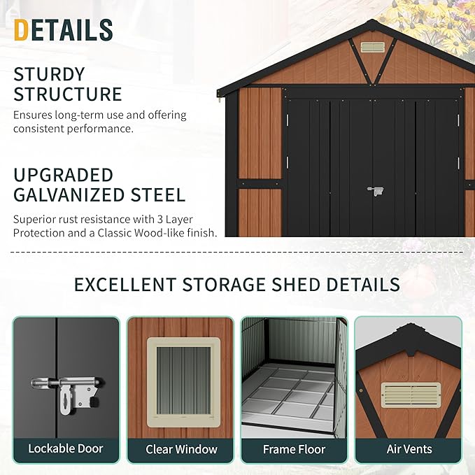 10x12 Ft Outdoor Storage Shed, Extra Large Metal Shed with Frame Floor, Lockable Doors, 2 Windows, Outside Steel Tiny House Ideal for Garden, Backyard, Patio Utility, Tool Storage-VerdiqueGarden