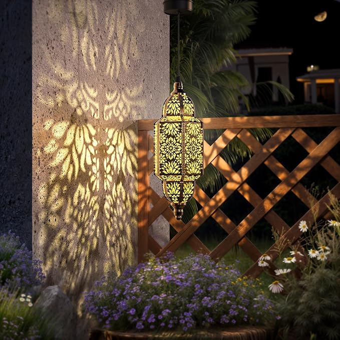 Twinkya Hanging Solar Lights Outdoor Garden Decorative Solar Lantern Waterproof Metal Moroccan Outdoor Decorations for Patio Pathway Yard Porch Backyard Garden Decor (Gold, 1 Pack)-VerdiqueGarden