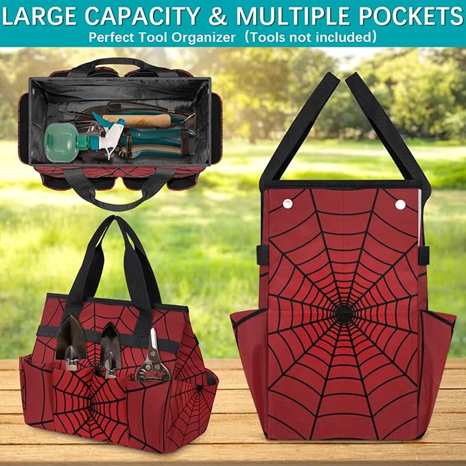 Spiders Web Red Gardening Tool Bag,Heavy Duty Garden Tote Bag,Portable Oxford Gardening Storage Basket Organizer Handbag with Pockets Handle,Hand Tools Gifts for Outdoor Garden Lawn-VerdiqueGarden