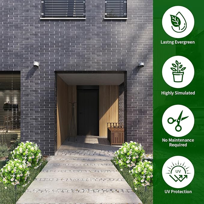 23.6" Artificial Boxwood Topiary Ball Trees with White Flowers, Set of 2 UV Resistant No Fade Outdoor Faux Plants with Ground Spike, Fake Shrubs for Garden, Patio, Porch, Yard, Indoor Decor-VerdiqueGarden