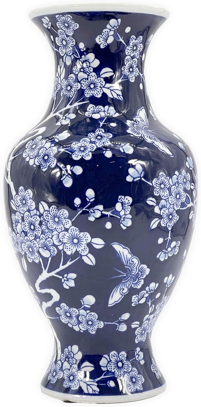 Galt International Dark Blue Floral Chinoiserie Ceramic Vase 14"- Hand Painted Antique Style Porcelain Butterfly & Flower Bottle Fishtail Porcelain Chinese Vase for Home Decor Centerpiece-VerdiqueGarden