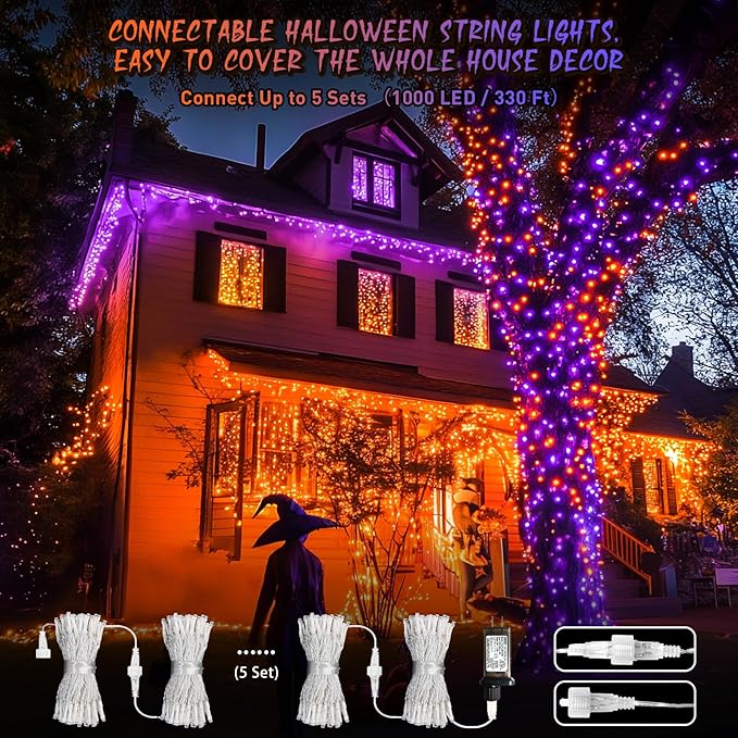 JMEXSUSS Halloween Decoration Lights, 200 LED Orange Purple Halloween Lights Clear Wire, 11 Modes Connectable Halloween String Lights Indoor Outdoor Plug in for Halloween Tree Decorations-VerdiqueGarden