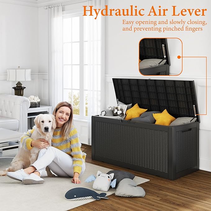 100 Gallon Resin Deck Box, Lockable Patio Outdoor Storage Box for Furniture, Garden Tools and Tools Storage, Waterproof Outside Storage Boxes - Black-VerdiqueGarden