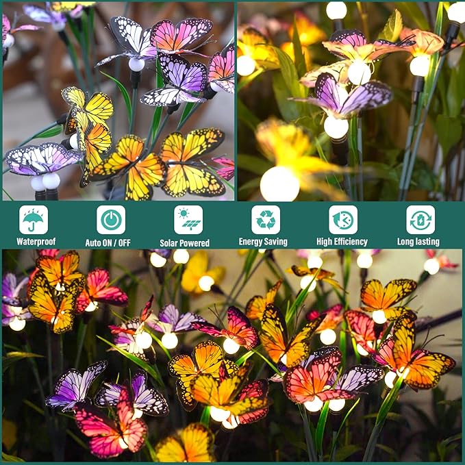 TONULAX Solar Garden Lights - Swaying Butterfly Light, Swaying in The Wind, Solar Outdoor Lights, Yard Patio Pathway Decoration, High Flexibility Iron Wire & Realistic Butterflies (2 Pack)-VerdiqueGarden
