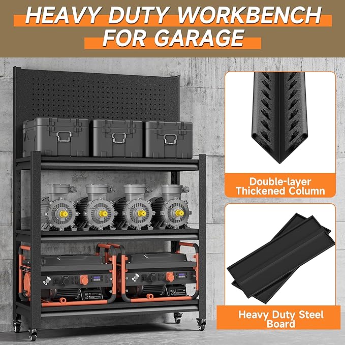 Workbench with Pegboard, Adjustable Heavy Duty Work Table with Wheels, Heavy Duty Workstation, Metal Tool Work Bench for Garage Warehouse Workshop, 48" H x 18" D x 34" W, Black-VerdiqueGarden