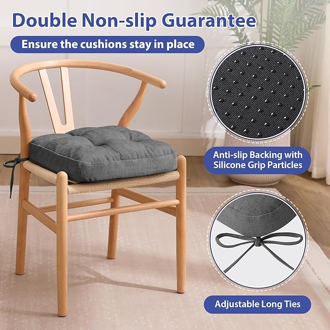 Chair Cushions for Dining Chairs, Dining Chair Cushions, Tufted Indoor Chair Pads with Ties & Non Slip Backing, Seat Cushions for Kitchen Chairs 16.5” x 16.5” x 3.5”, Set of 4, Grey-VerdiqueGarden