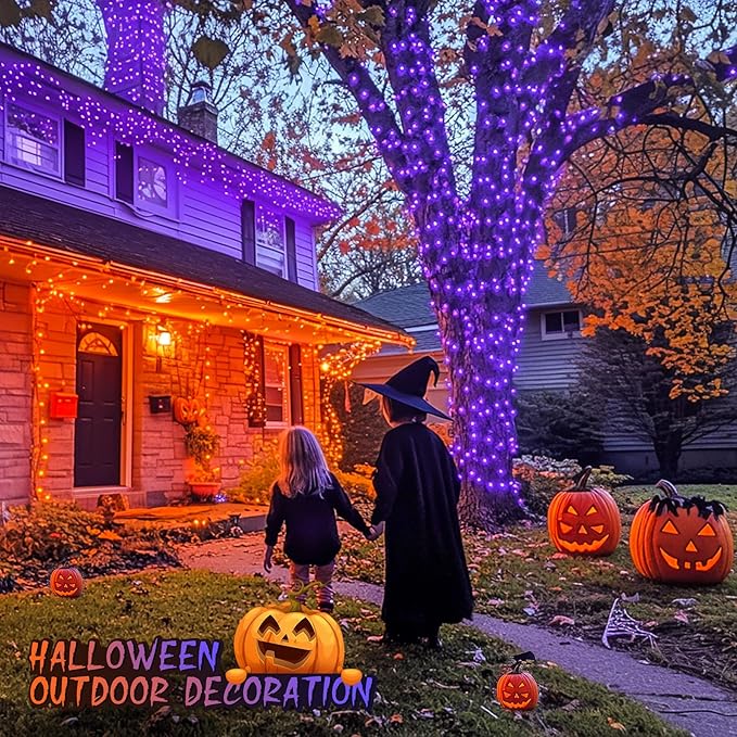 JMEXSUSS Halloween Decoration Lights, 200 LED Orange Purple Halloween Lights Clear Wire, 11 Modes Connectable Halloween String Lights Indoor Outdoor Plug in for Halloween Tree Decorations-VerdiqueGarden