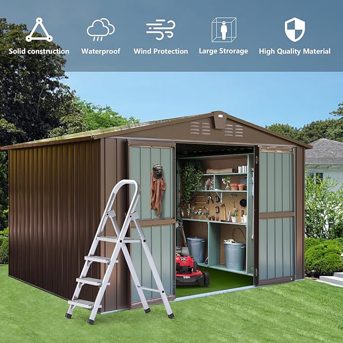 Domi Outdoor 10' x 8' Storage Shed, Metal Steel Utility Tool Shed Storage House with Double Lockable Doors & Air Vents for Backyard Patio Garden Lawn Brown-VerdiqueGarden