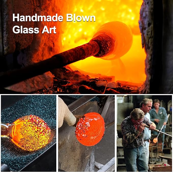 LUJII Hand Blown Glass Hummingbird Feeder for Outdoors with Ant Moat, Leak Proof & Rustproof, 25 fl.oz, Metal Base Cover with 5 Feeding Ports & Perches, Glass Art for Garden Decor (Blue Mixed Yellow)-VerdiqueGarden