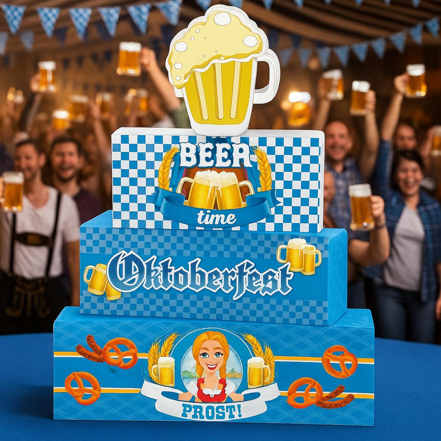 Yalikop 4 Pcs Oktoberfest Table Decorations Wooden Oktoberfest Tiered Tray Decorations October Festival Wooden Block Centerpieces for Tables for Home Shelf-VerdiqueGarden