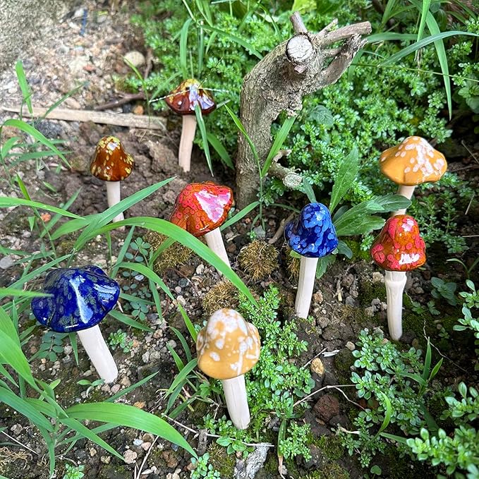 Ceramic Mushrooms Garden Decor Fairy Yard Patio Indoor and Outdoor Micro Landscape Decorations, 8 Pieces Simulated Mushroom Ornaments Statue Stake Mushroom Garden Decor Figurines Decoration Yard Gifts-VerdiqueGarden