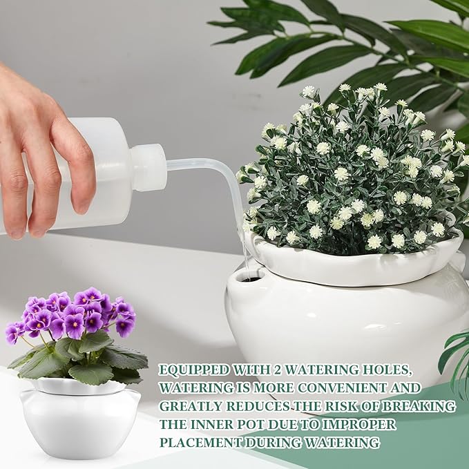 1 Set 7.5 Inches African Violet Pots Self Watering White Ceramic Pot for Indoor Plants, Flowerpot with Highly Absorbent Inner Pot for Busy Plant Lovers, Plant Care-VerdiqueGarden