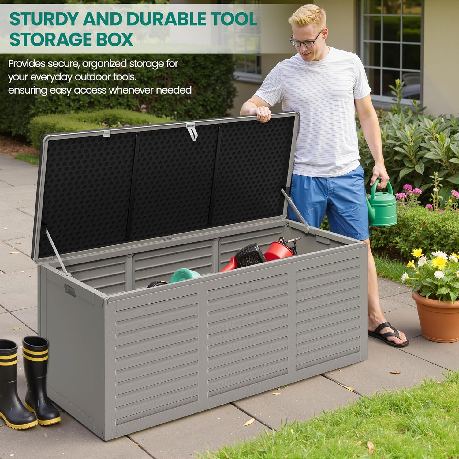 130 Gallon Outdoor Deck Box, Waterproof Resin Box with Lockable Lid, UV-Resistant for Cushions, Garden Tools & Pool Accessories (GRAY), Patio Furniture-VerdiqueGarden