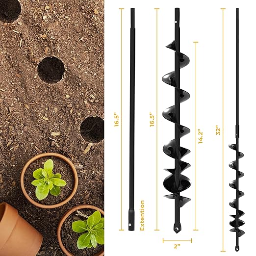 Auger Drill Bit for Planting 2x32'' - with Extension - Spiral Hole Planter for Bulbs, Fence Posts, and Umbrella Holes - 3/8'' Hex Drive Drill- Gardening Hole Digger Yard Tools-VerdiqueGarden