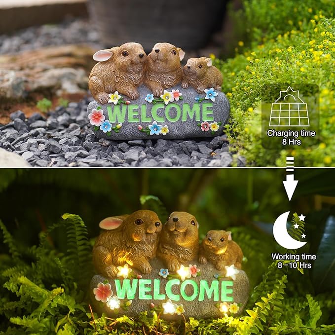 Solar Rabbits with Welcome Sign - Outdoor Bunny Decor with Solar LED Lights - Rabbit Garden Decor & Outdoor Light-Up Gifts for Women, Moms or Birthdays-VerdiqueGarden
