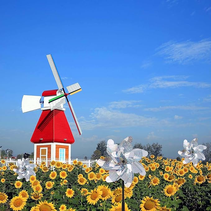 BATTIFE 12 Pack Pre-Assemble Sparkly Reflective Pinwheels | Silver Bird Blindness Pin Wheel | Scare Birds & Animals Away | Wind Spinner for Yard and Garden-VerdiqueGarden