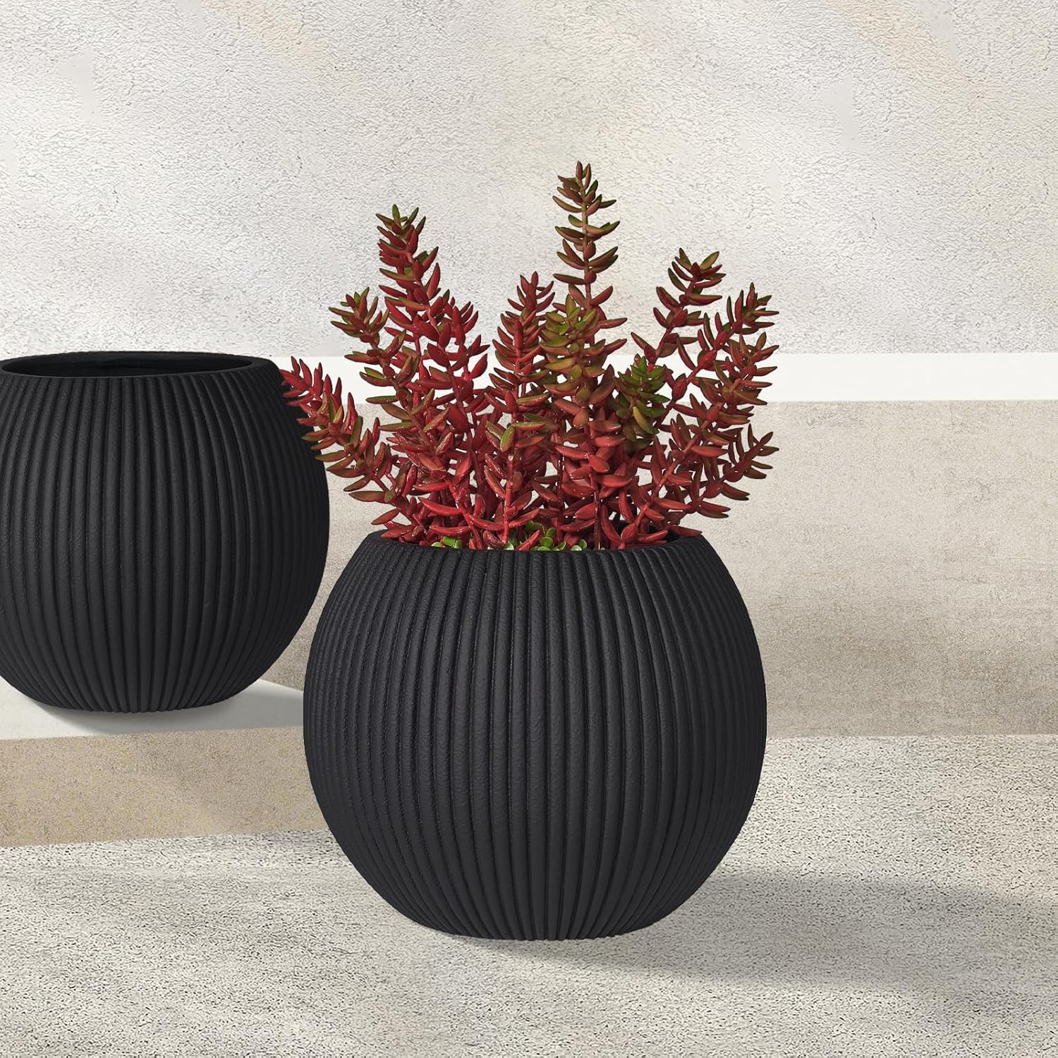 16 Inch Handmade Concrete Outdoor Planter - Classic Striped Design | Fiberglass & Composite Material | Durable for Commercial & Home Decor-VerdiqueGarden