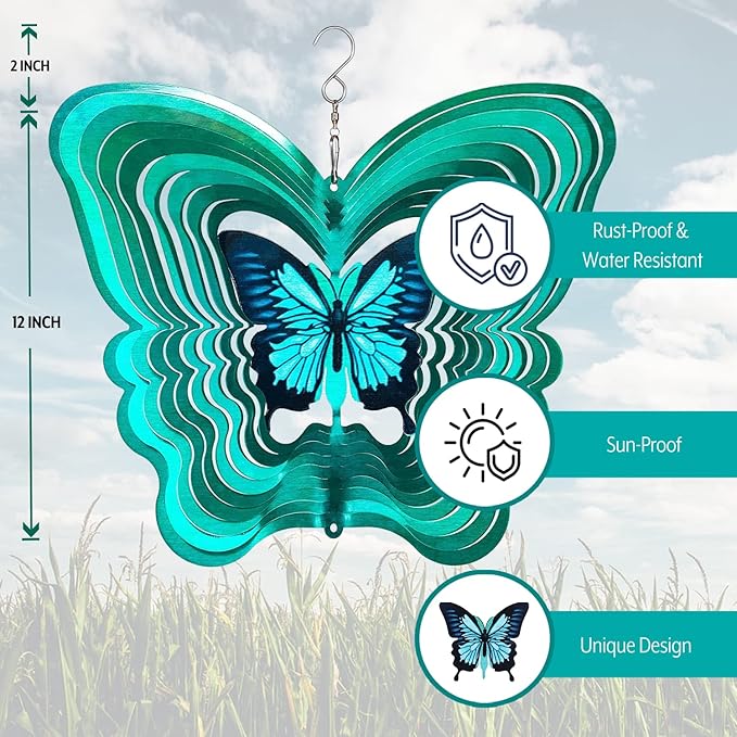 Butterfly Wind Spinners for Yard and Garden, Metal Butterfly Ornaments for Garden Décor, Outdoor Wind Spinner, Butterfly Gifts, Outdoor Garden Decoration, 12 inch Butterfly Wall Décor by ISEO-VerdiqueGarden