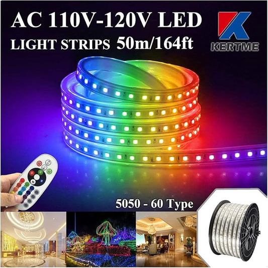 5050-60 Type AC 110-120V RGB LED Strip Lights, Flexible/Waterproof/Dimmable/Multi-Colors/Multi-Modes LED Rope Light + 24 Keys Remote for Home/Garden/Building Decoration (164ft/50m, RGB)-VerdiqueGarden