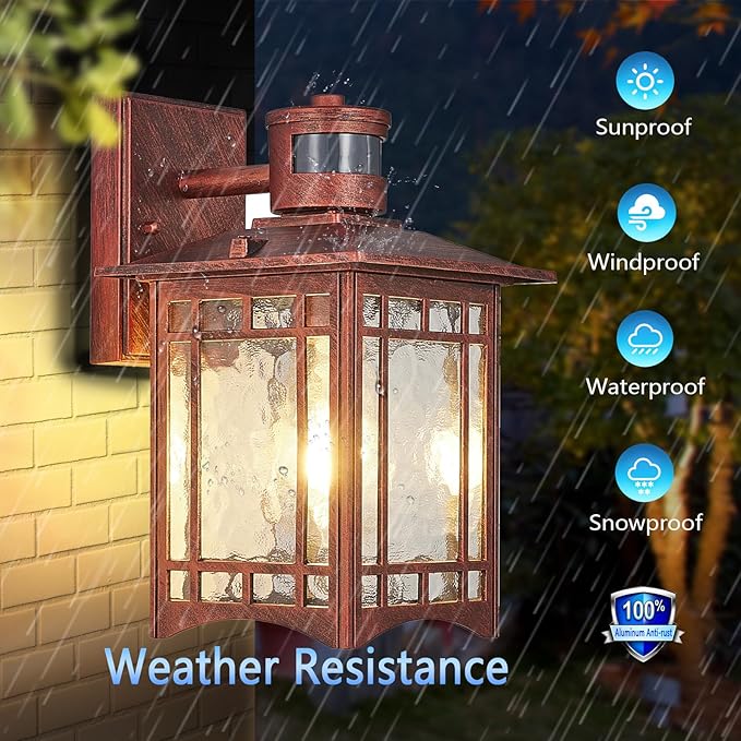 Dusk to Dawn Motion Sensor Outdoor Lights - Dark red Exterior Light Fixture Wall Mount for Outside House Porch Patio Garage - Yard Front Motion Detector Lantern - Waterproof Anti-Rust Lighting-VerdiqueGarden
