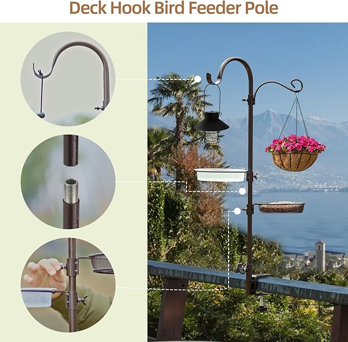 ERYTLLY Deck Hook Bird Feeder Pole Bird Feeder Porch Multi Hook Bird Feeding Station Kit Multi Feeder Hanging Kit Premium Bird Bath for Attracting Wild Birds Bird Feeder Planter Hanger-VerdiqueGarden