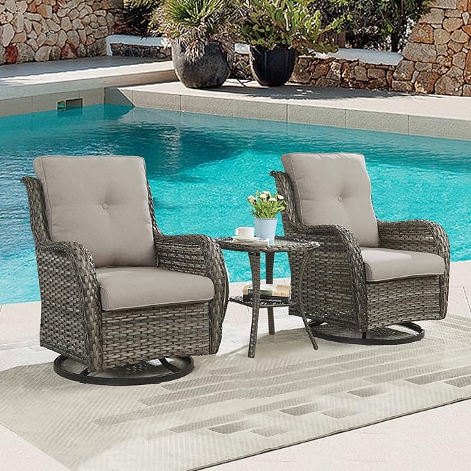 Outdoor Patio Swivel Rocker Chairs - 3 Piece Patio Bistro Set,Wicker Patio Furniture Set with 2 Swivel Rocking Chairs and 1 Glass Top Side Table for Deck Porch Garden,Mixed Grey/Grey-VerdiqueGarden
