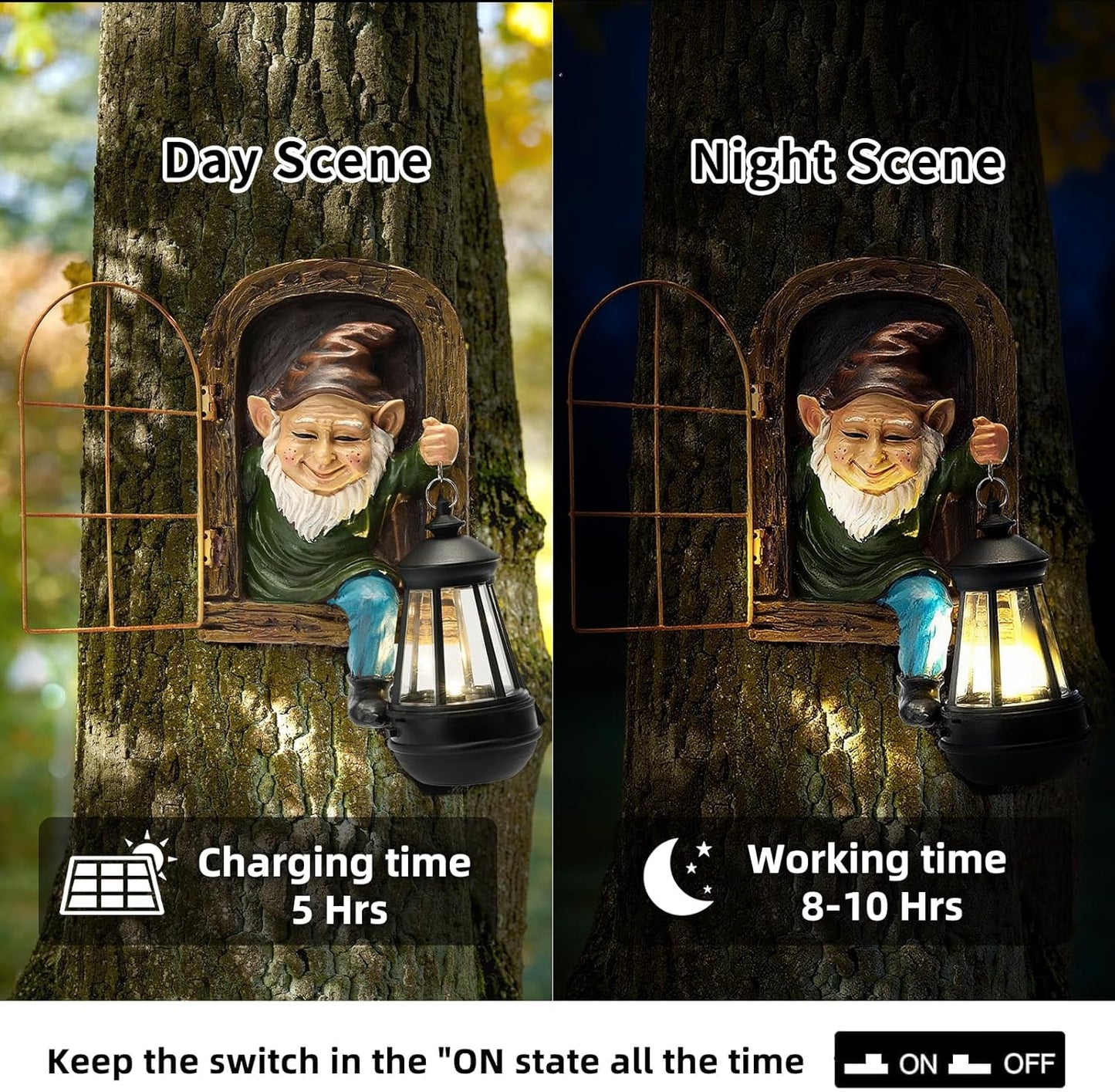 Garden Gnome Decor Outdoor Statue - Gnome With Solar Waterproof Lantern, Whimsical Elf Out The Door Tree Hugger Garden Statues, Home, Fence, Patio, Resin Ornament, Gardening Gift Tree Faces Gnomes-VerdiqueGarden