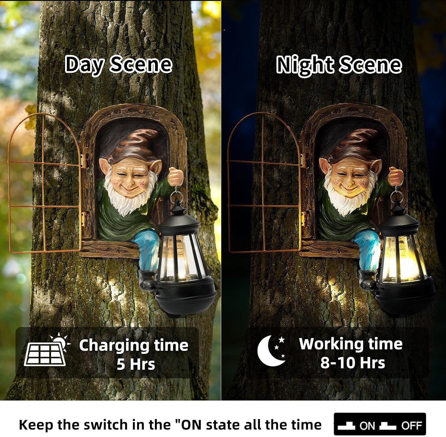 Garden Gnome Decor Outdoor Statue - Gnome With Solar Waterproof Lantern, Whimsical Elf Out The Door Tree Hugger Garden Statues, Home, Fence, Patio, Resin Ornament, Gardening Gift Tree Faces Gnomes-VerdiqueGarden