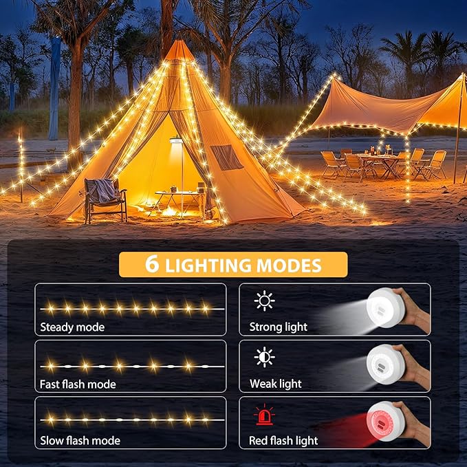Camping String Lights, 4 in 1 Quick Storage 32.8FT Rechargeable Tent Lights with 6 Modes Hanging Waterproof Camp Lamp Camping Essentials for AwnTent Hiking Garden Bedroom Festival (Warm White)-2Pack-VerdiqueGarden