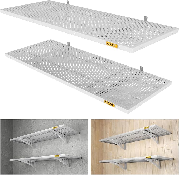 2-Pack 1.64x4ft Adjustable Garage Wall Shelving 560lbs Load Capacity Heavy Duty Wall Mounted Storage Shelf Metal Floating Shelves for Garage(White)-VerdiqueGarden