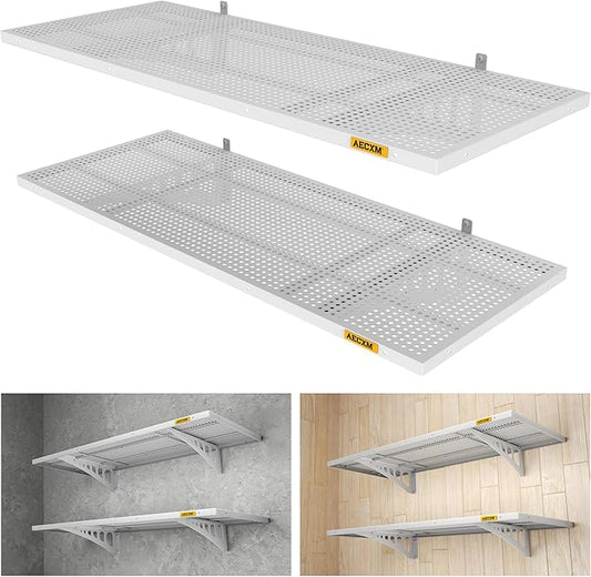 2-Pack 1.64x4ft Adjustable Garage Wall Shelving 560lbs Load Capacity Heavy Duty Wall Mounted Storage Shelf Metal Floating Shelves for Garage(White)-VerdiqueGarden