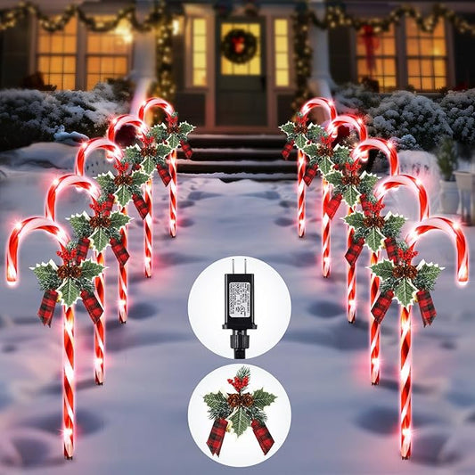 Hiboom Christmas Candy Cane Lights, 10 Pcs 21 Inch Pathway Markers Lights with Stakes, Christmas Driveway Lights End to End Connected for Xmas Holiday Party Walkway Patio Garden Decor (Red and White)-VerdiqueGarden
