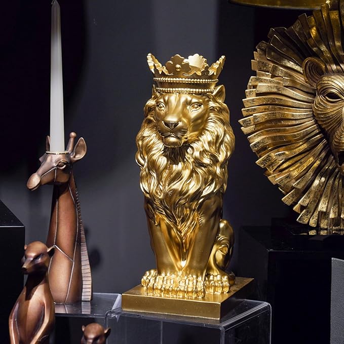 Gold Room Décor Lion Statue – 15 Inch Gold Statue Lion Figurine House Decorations with Crown Lion Statues Home Décor Lion Decoration Décor for Living Room Gold Décor 8.5 * 5.5 * 15 Inch-VerdiqueGarden